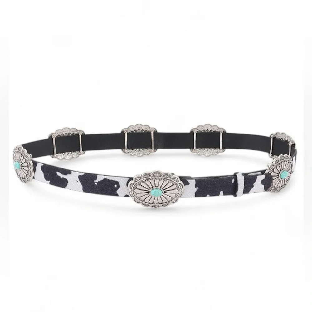 Vegan Leather Animal Print Western Concho Statement Belts with Turquoise Accents